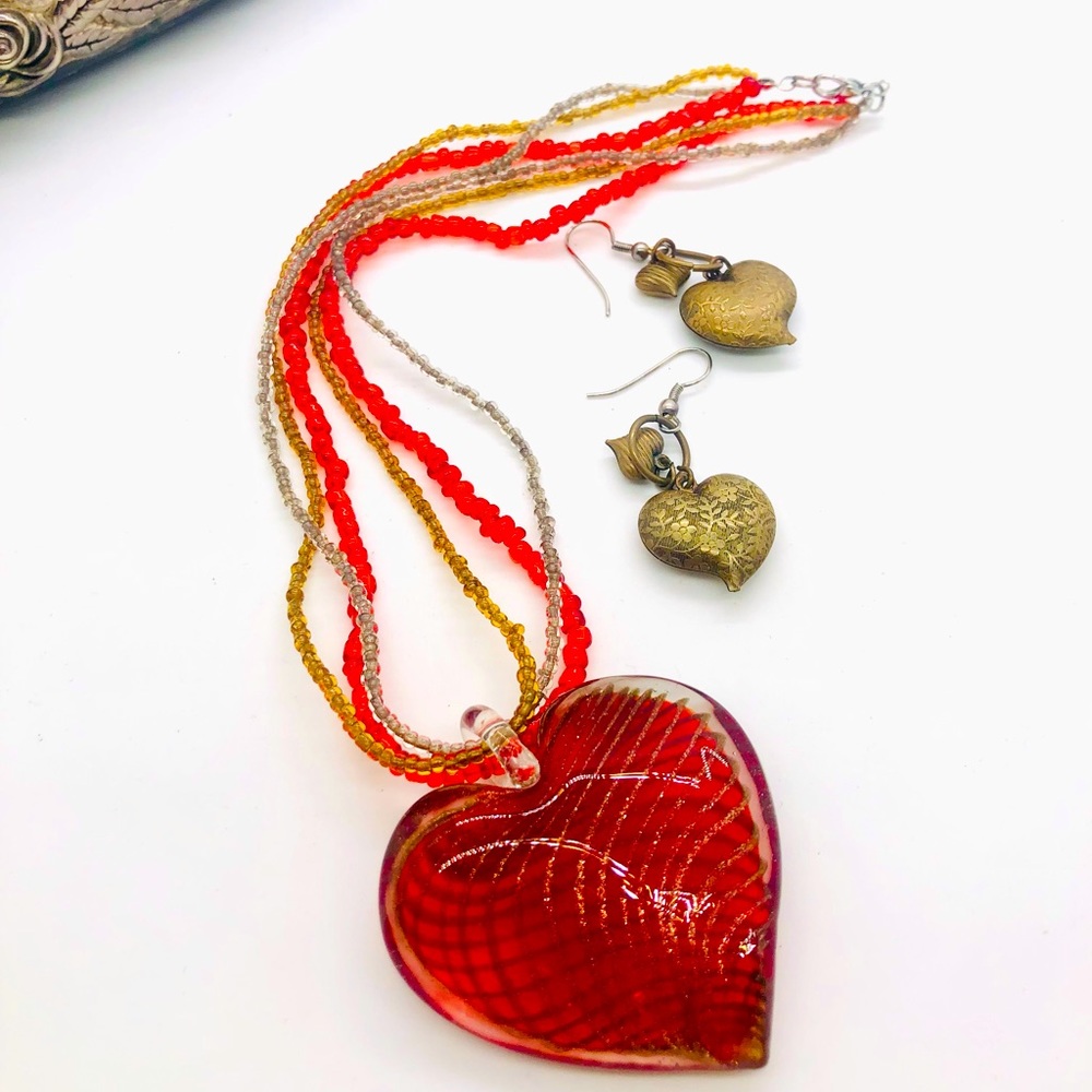 Vintage Art Glass Heart Pendant & Earrings ❤️
